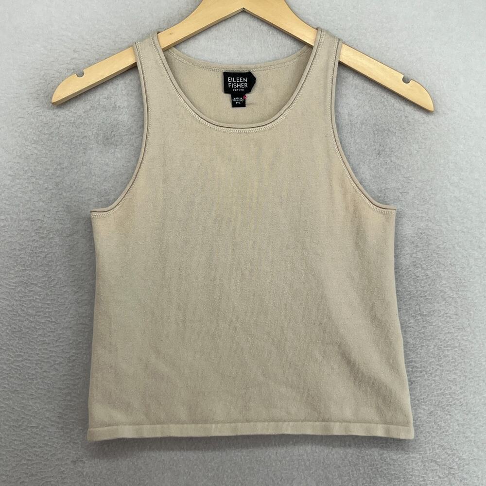 EILEEN FISHER Sweater PS Stretch Cotton Tank Top Rolled Scoop Neck Beige HK VTG